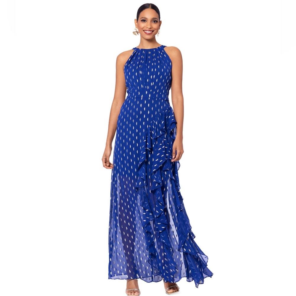 Betsy & Adam Metallic Chiffon Front Ruffle Slit Halter Neck Sleeveless Gown - Picture 13 of 17